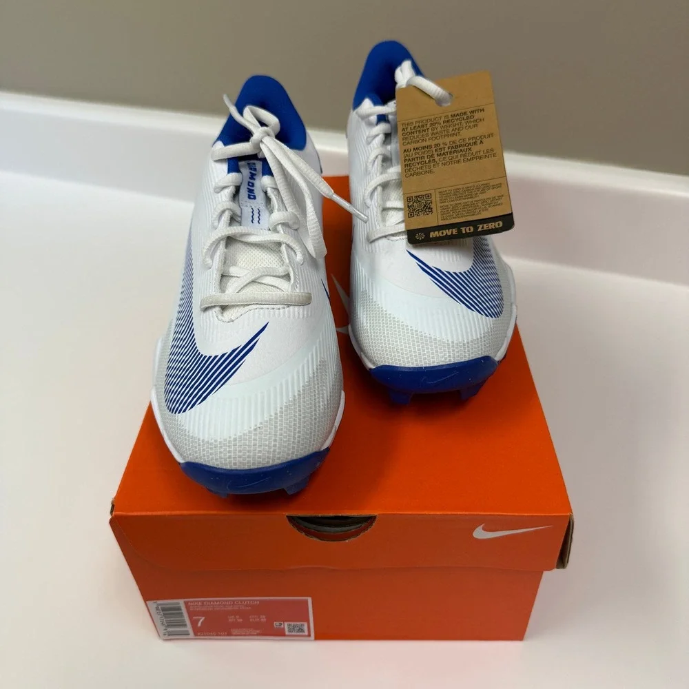 NWT Nike Mens Diamond Clutch Keystone Baseball Cleats Size 7 White/Royal Blue